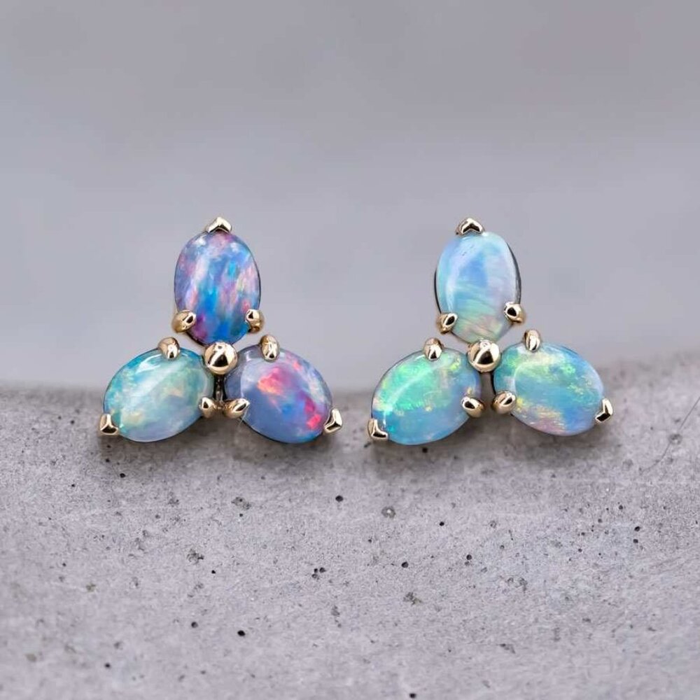 Radiant Rainbow Hues Doublet Opal Trio Stud Earrings 14K Gold
